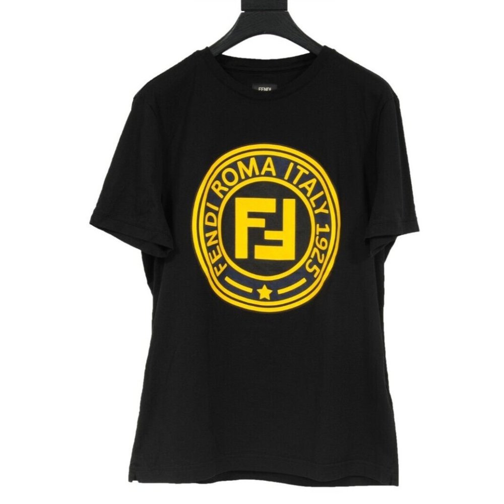Fendi Mens T Shirt Medium Black Cotton Gold Raised FF Circle Logo Short Sleeve